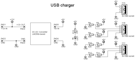 Schematic for the USB charger. The LM2596 module is connected to the wirepads.